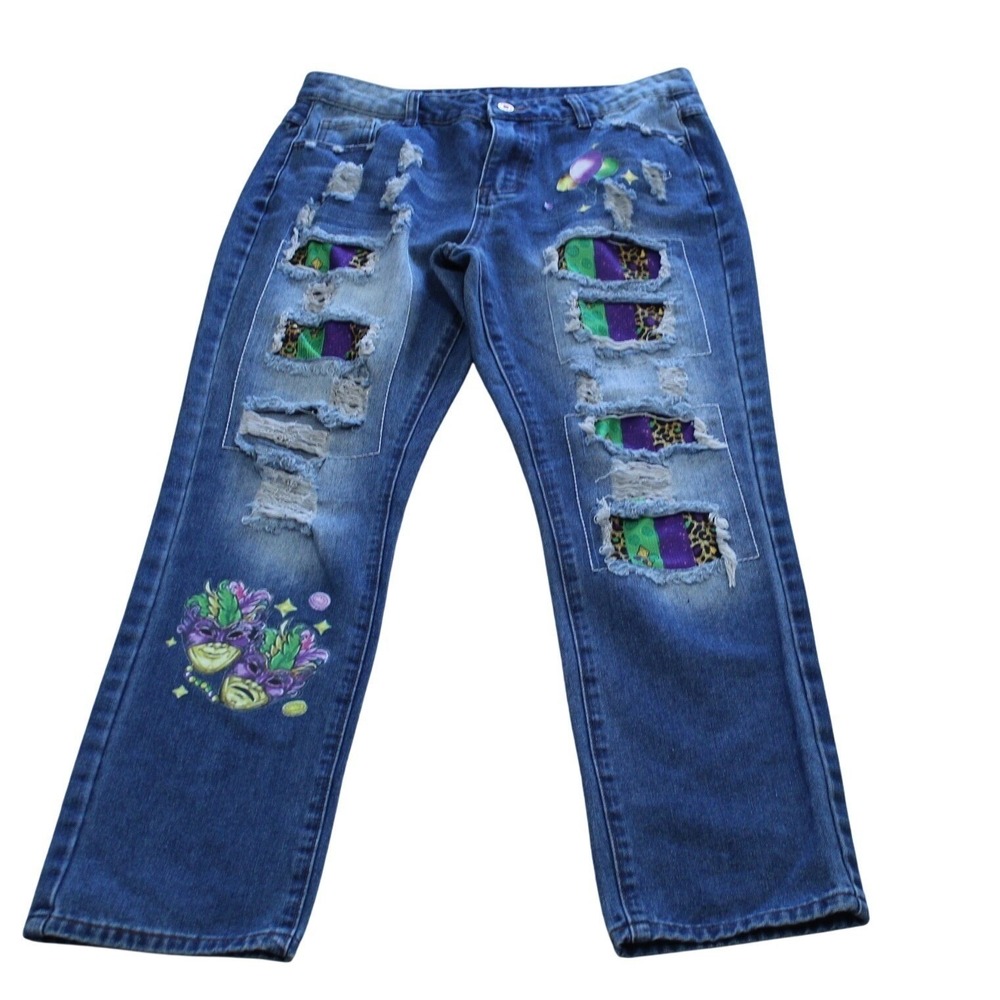 Mardi Gras Distressed Patchwork women Jeans Blue Denim  Graphic Straight‎ Leg 32